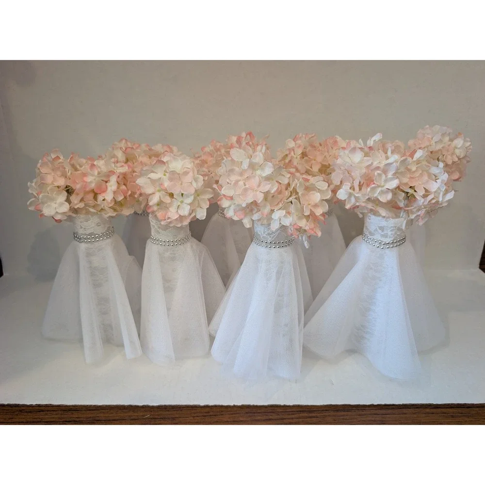 Set of 8 Blush Pink Wedding Centerpieces, Lace Tulle Vase Decor, Romantic Floral